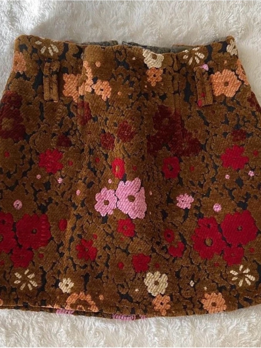 Kimchi Blue Brown Floral Chenille Mini Skirt with Red & Pink Flowers